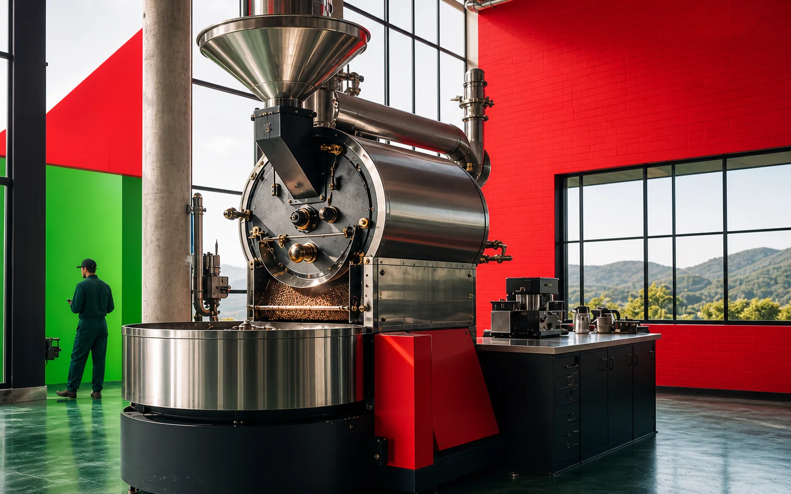 Stainless steel coffee roaster in a vivid red and green production room