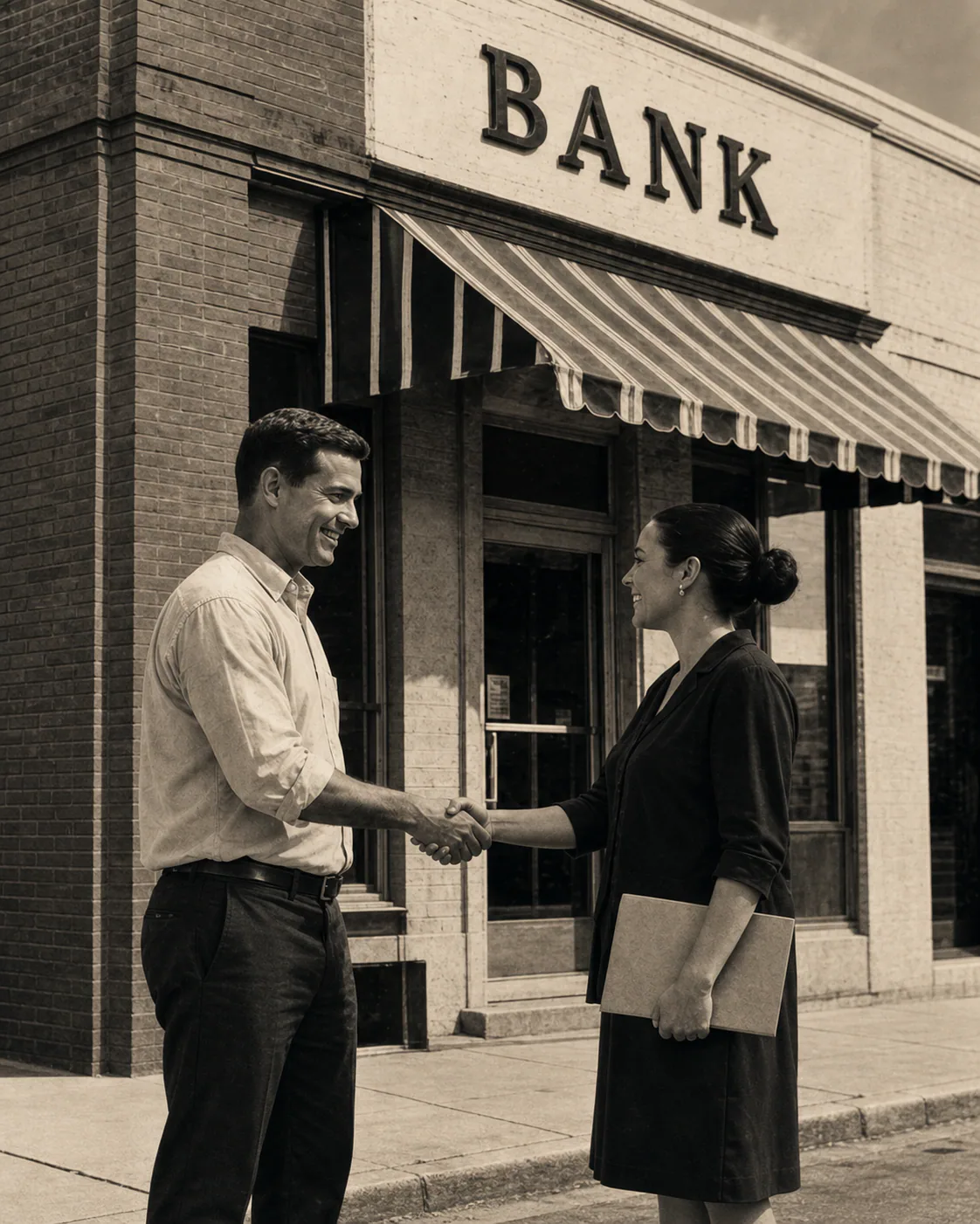 Neighbors greeting outside a small community bank