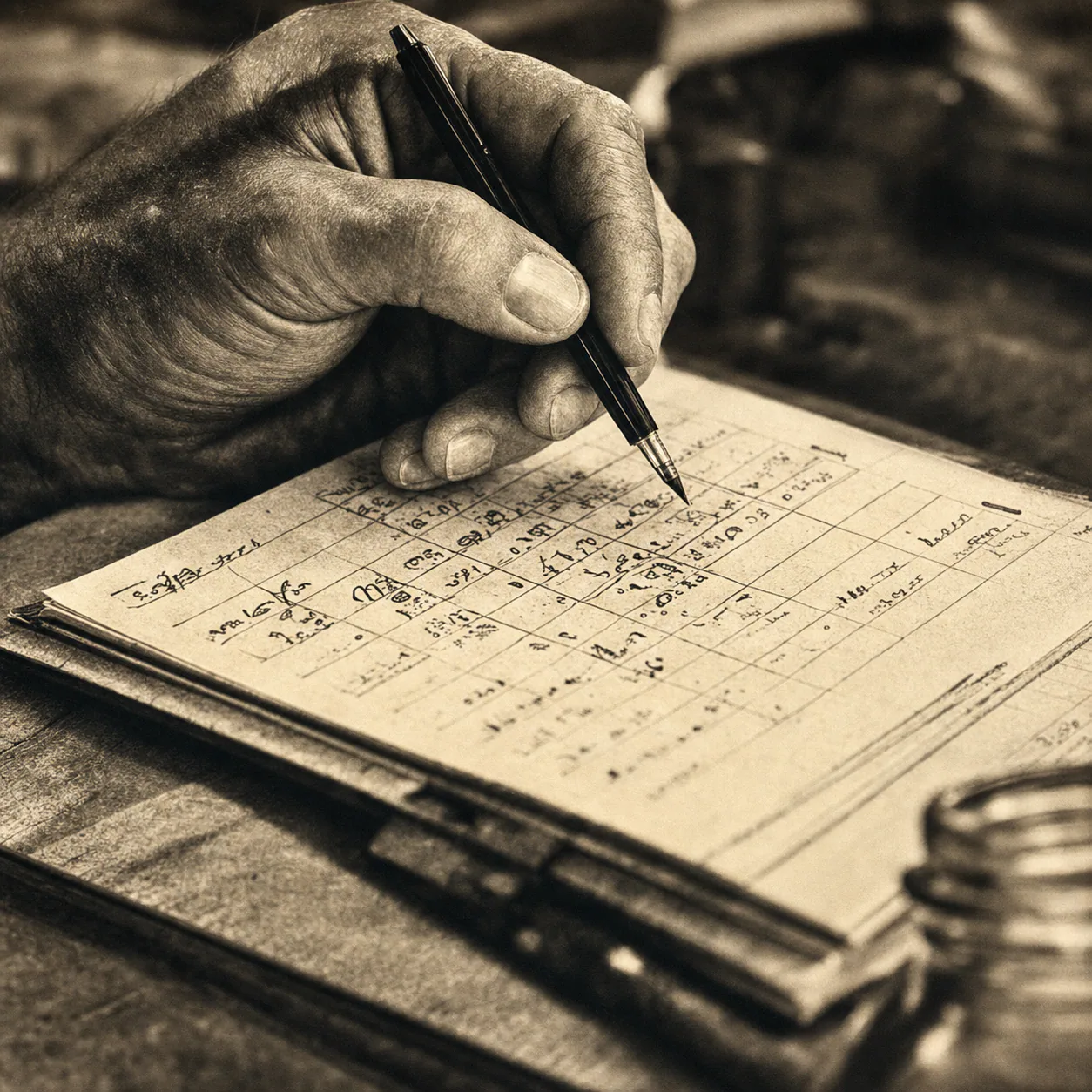 Hand writing figures in a paper ledger