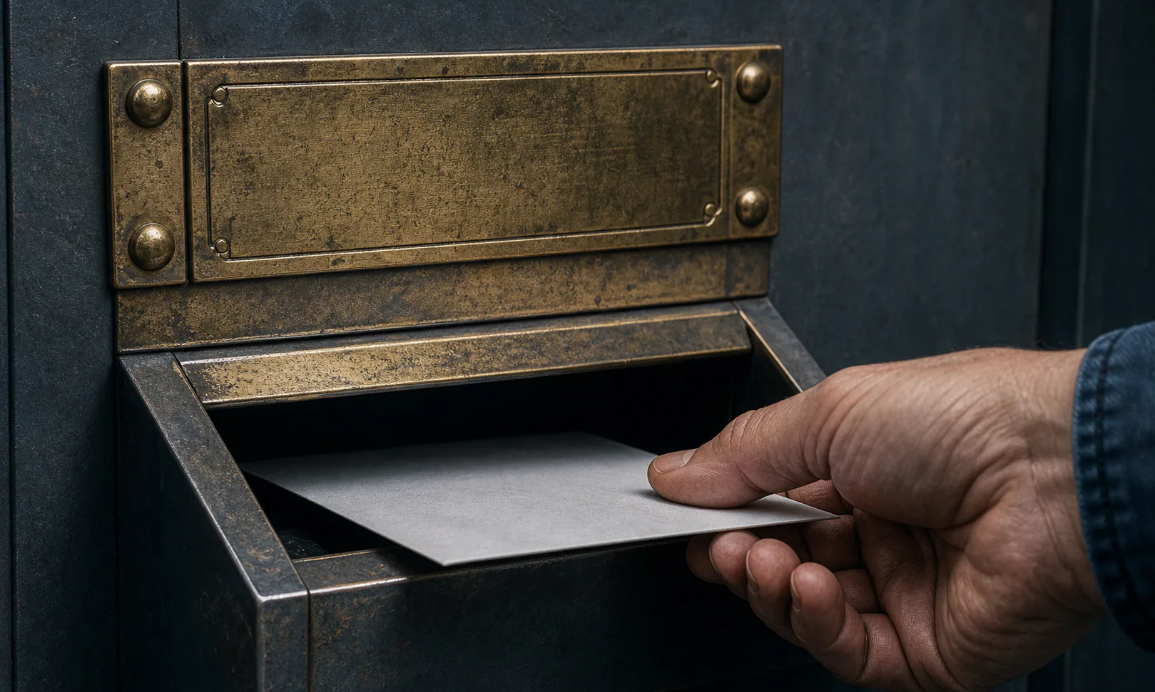 Hand placing an envelope into a brass bank deposit drawer