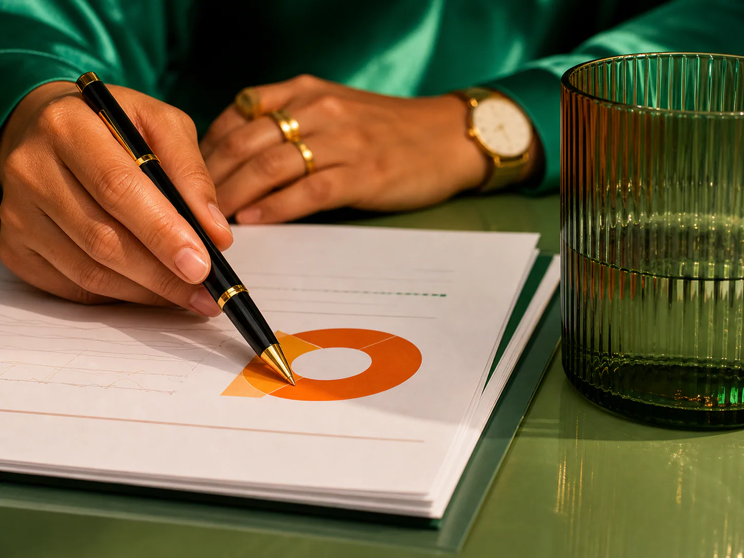 Hands sketching a financial plan beside an orange circle