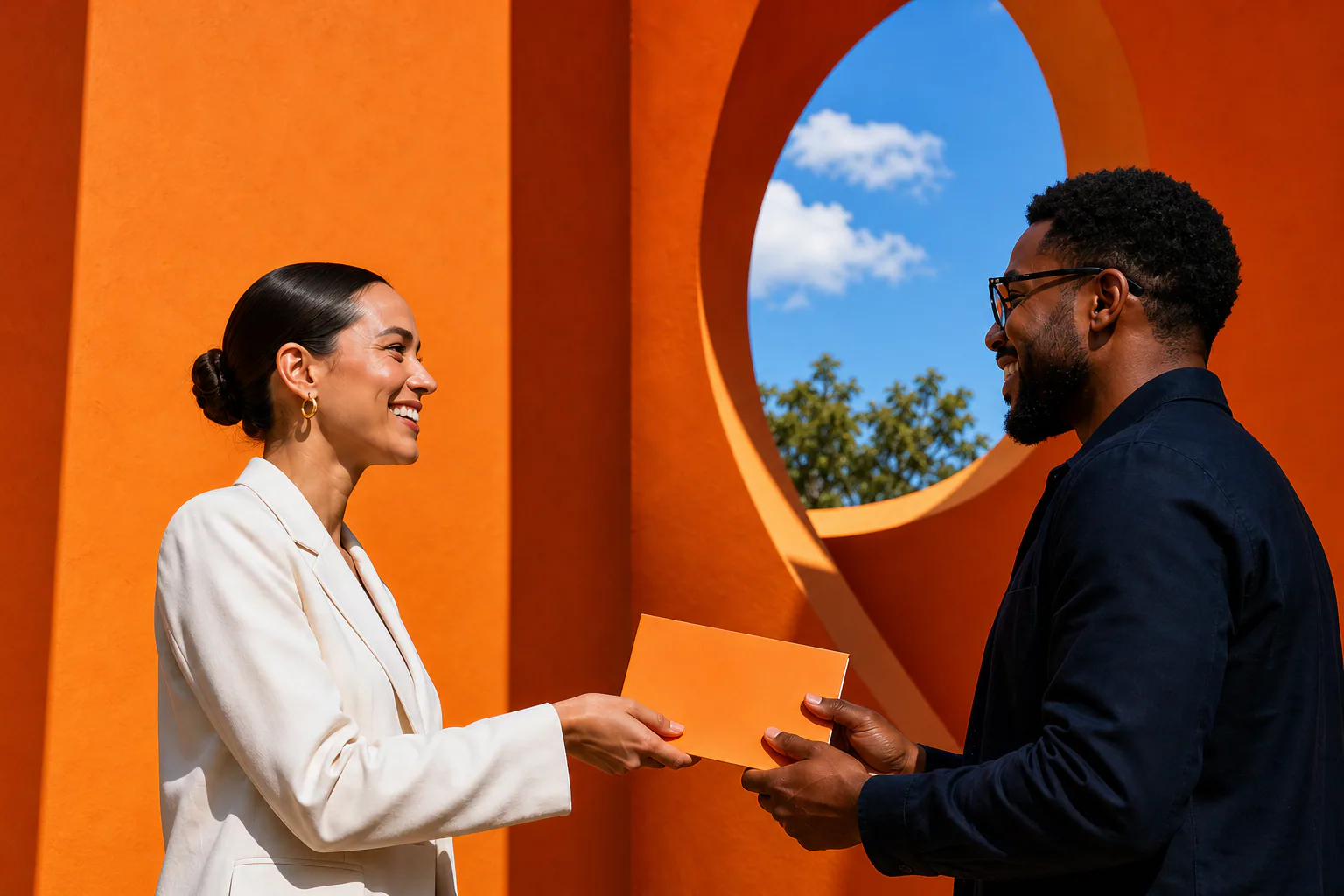 A banker hands an orange passbook to a smiling customer in a vivid branch interior