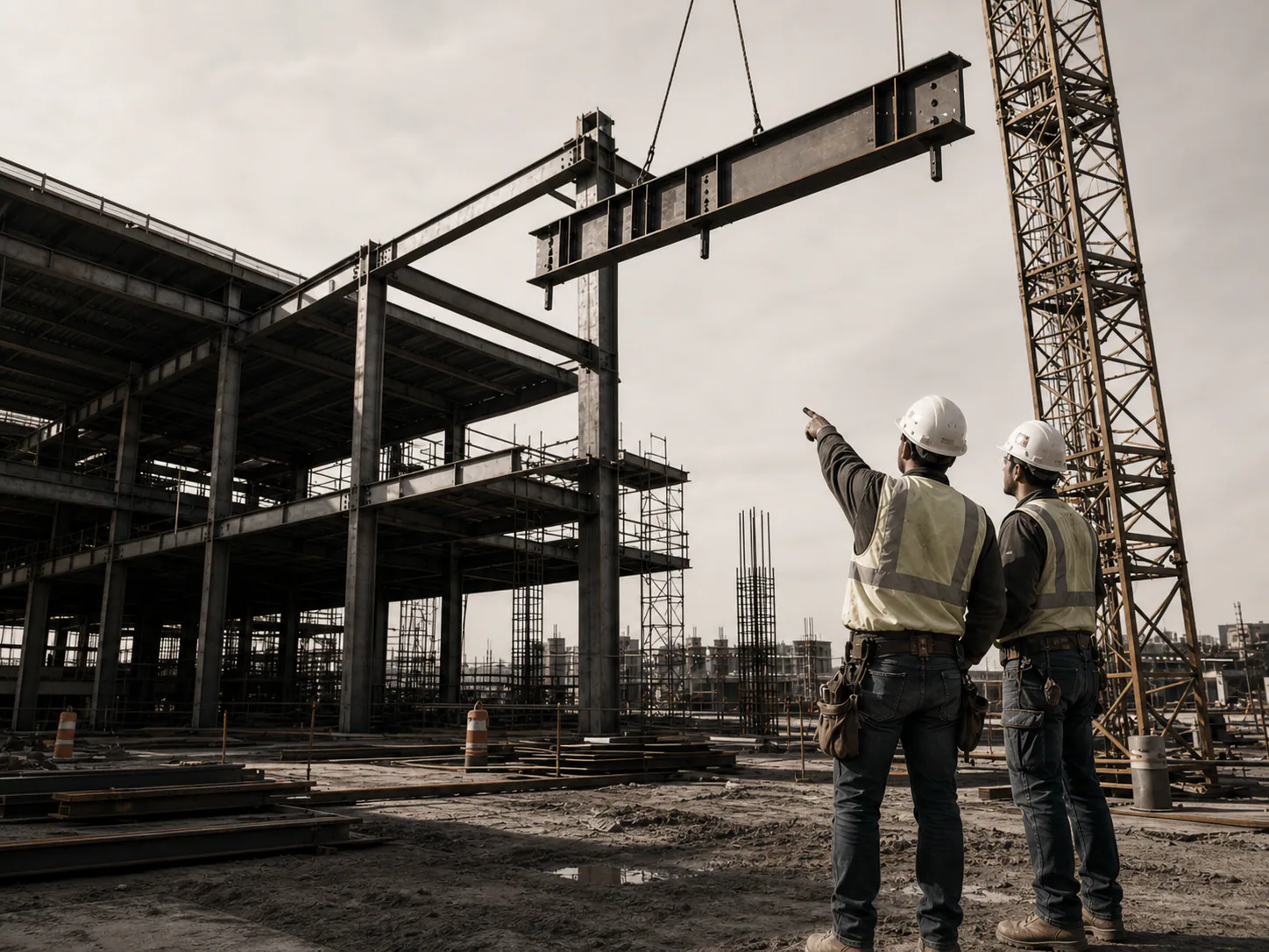 Two construction supervisors reviewing a suspended steel beam on an active site