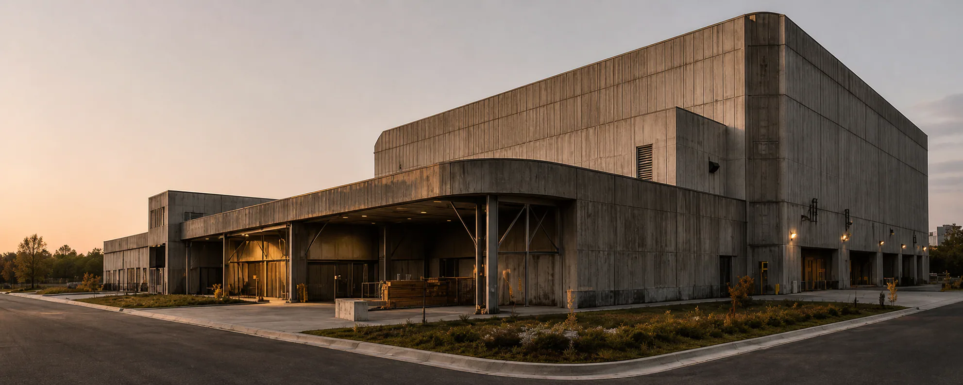 Completed concrete industrial facility at dusk