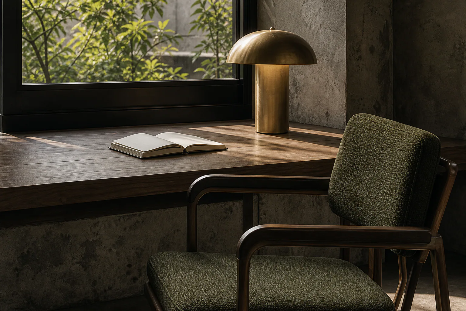 Quiet desk beside a leafy window
