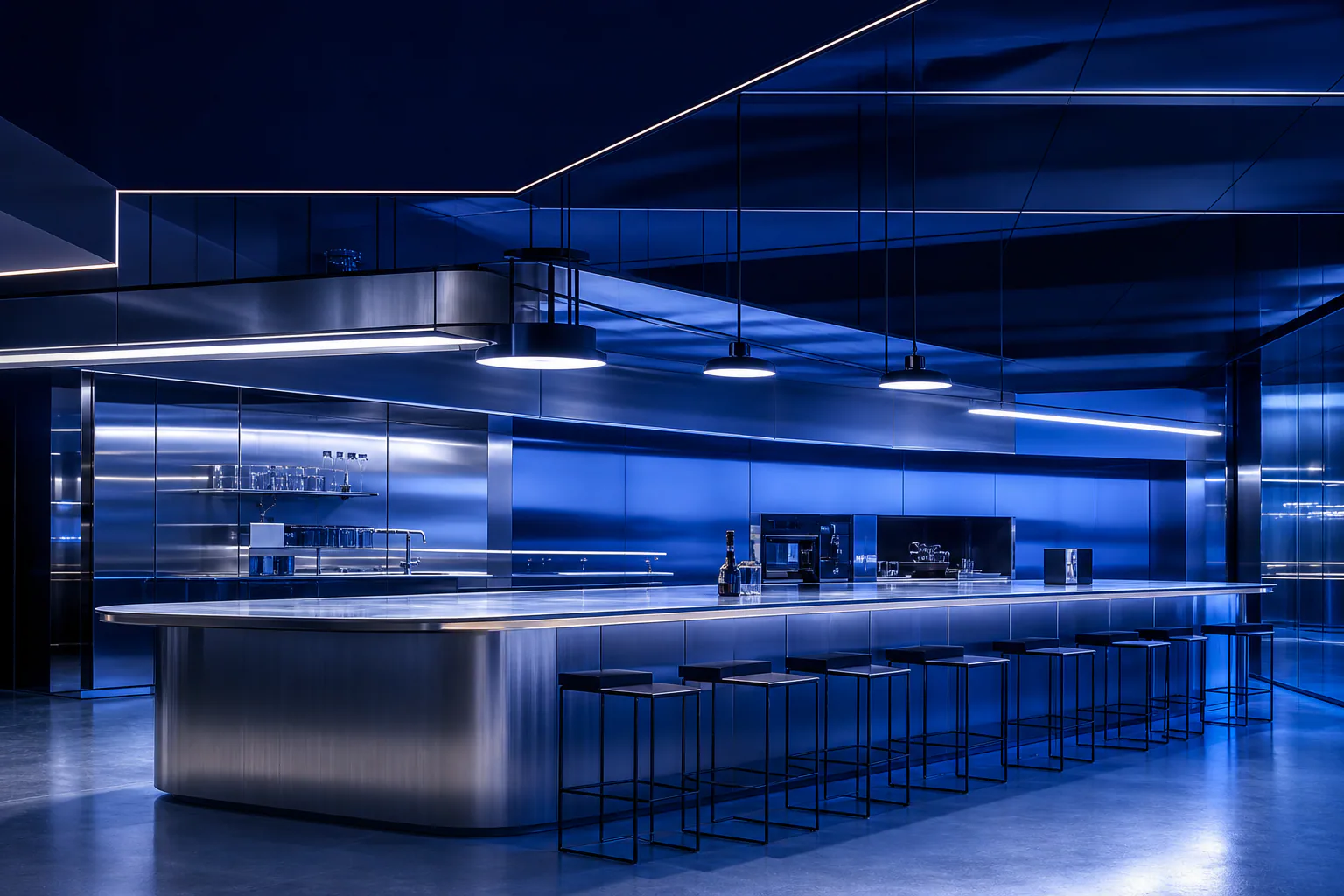 Chrome kitchen and shared lunch counter