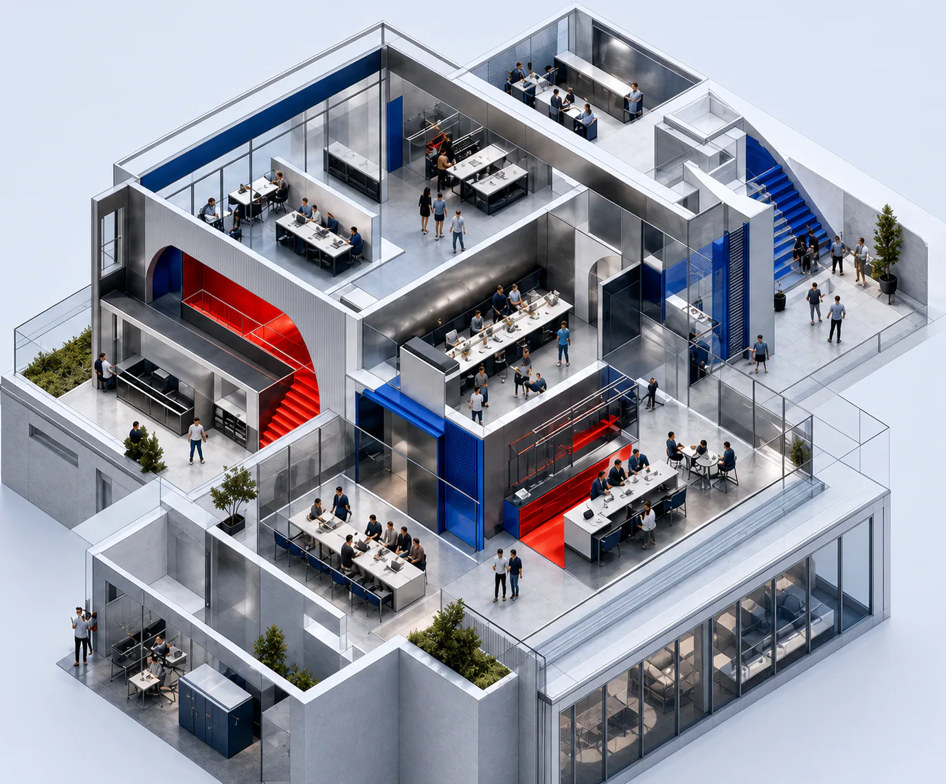 Isometric view of Chrome Lunchroom's work floors, meeting rooms, and shared kitchen