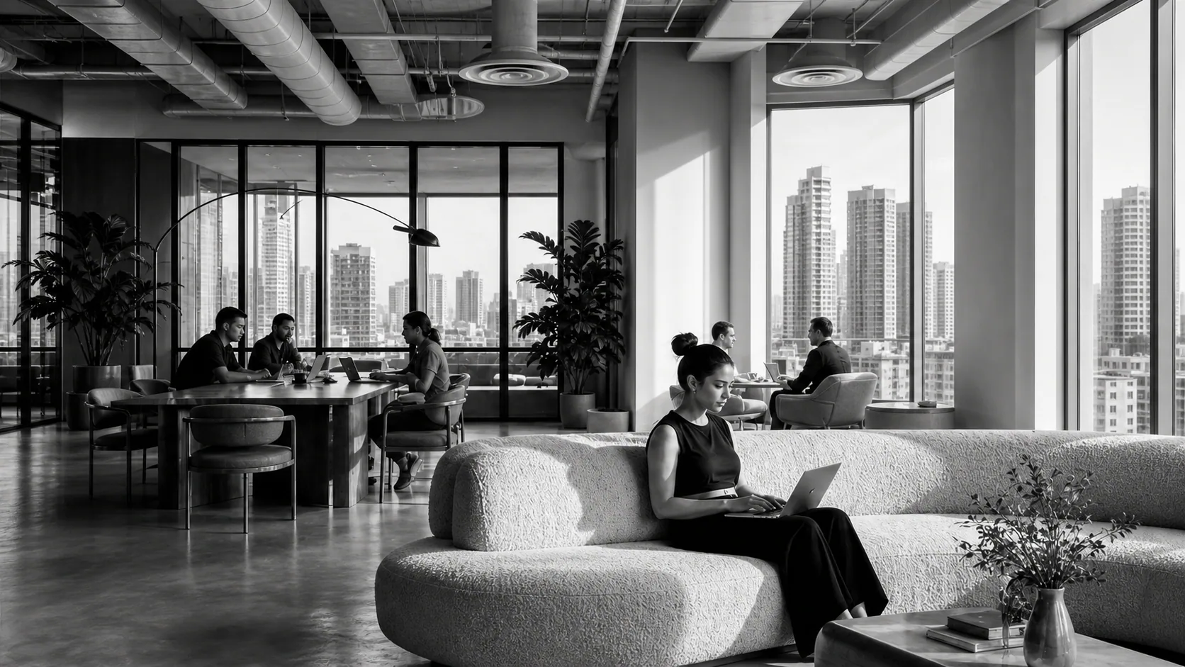 Members working in a bright shared lounge