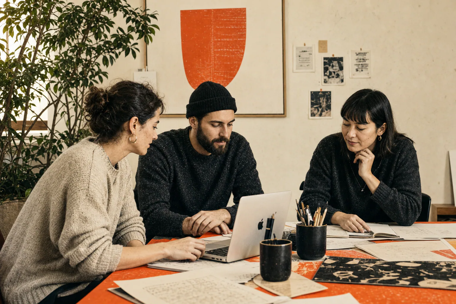 Three Paper Lantern Works members collaborating around a studio table