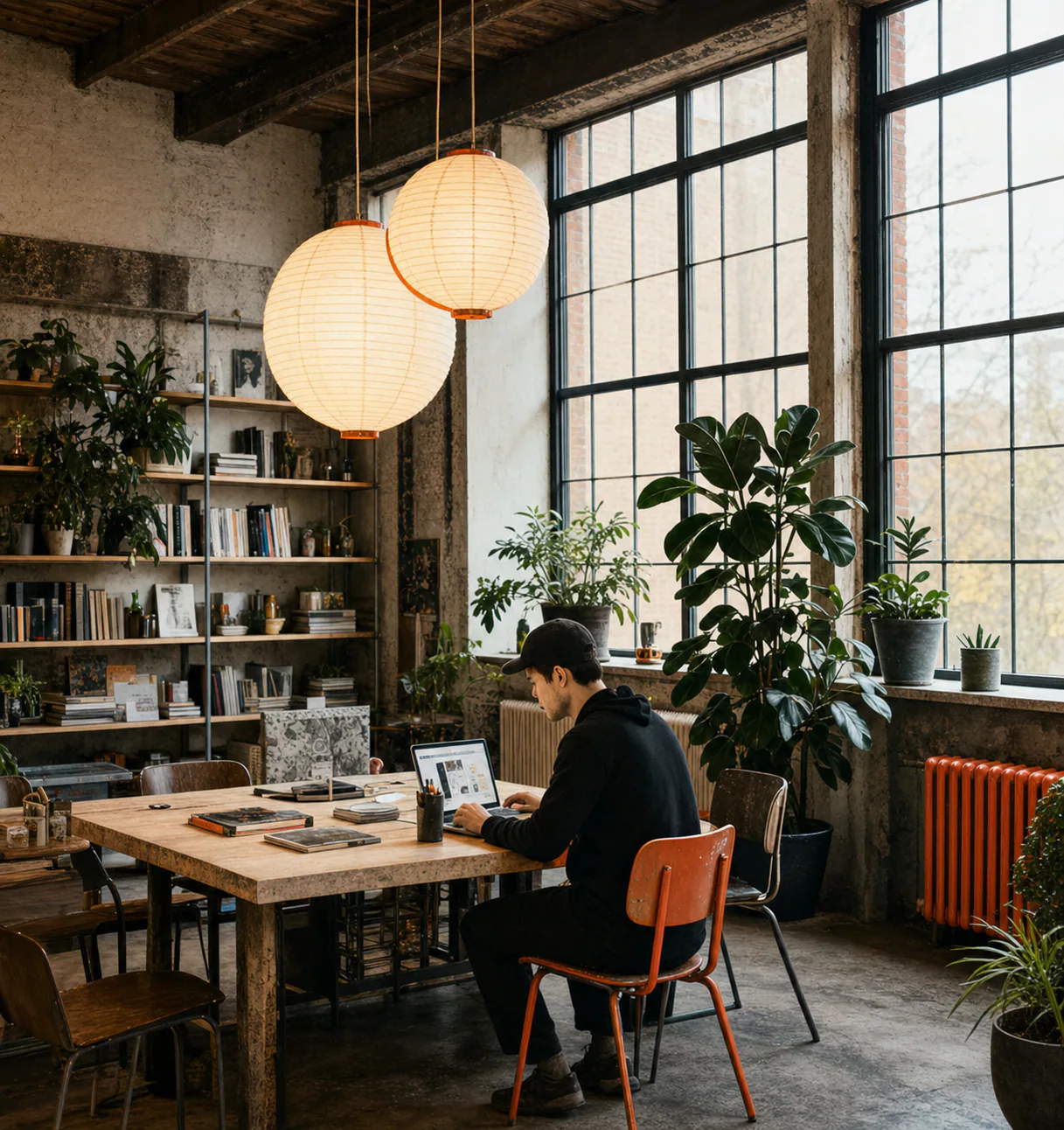 Sunlit Paper Lantern Works studio with paper lanterns and shared tables