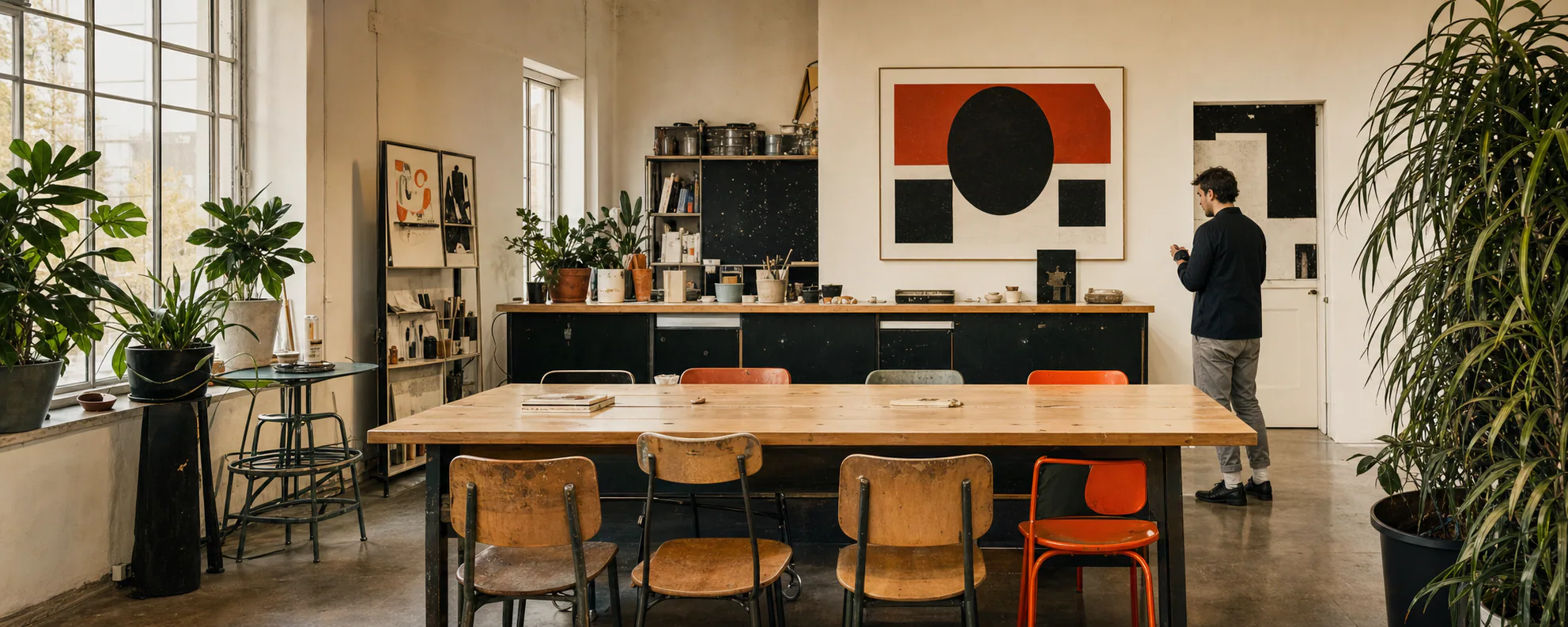 Plant-filled Paper Lantern Works room with a long communal table