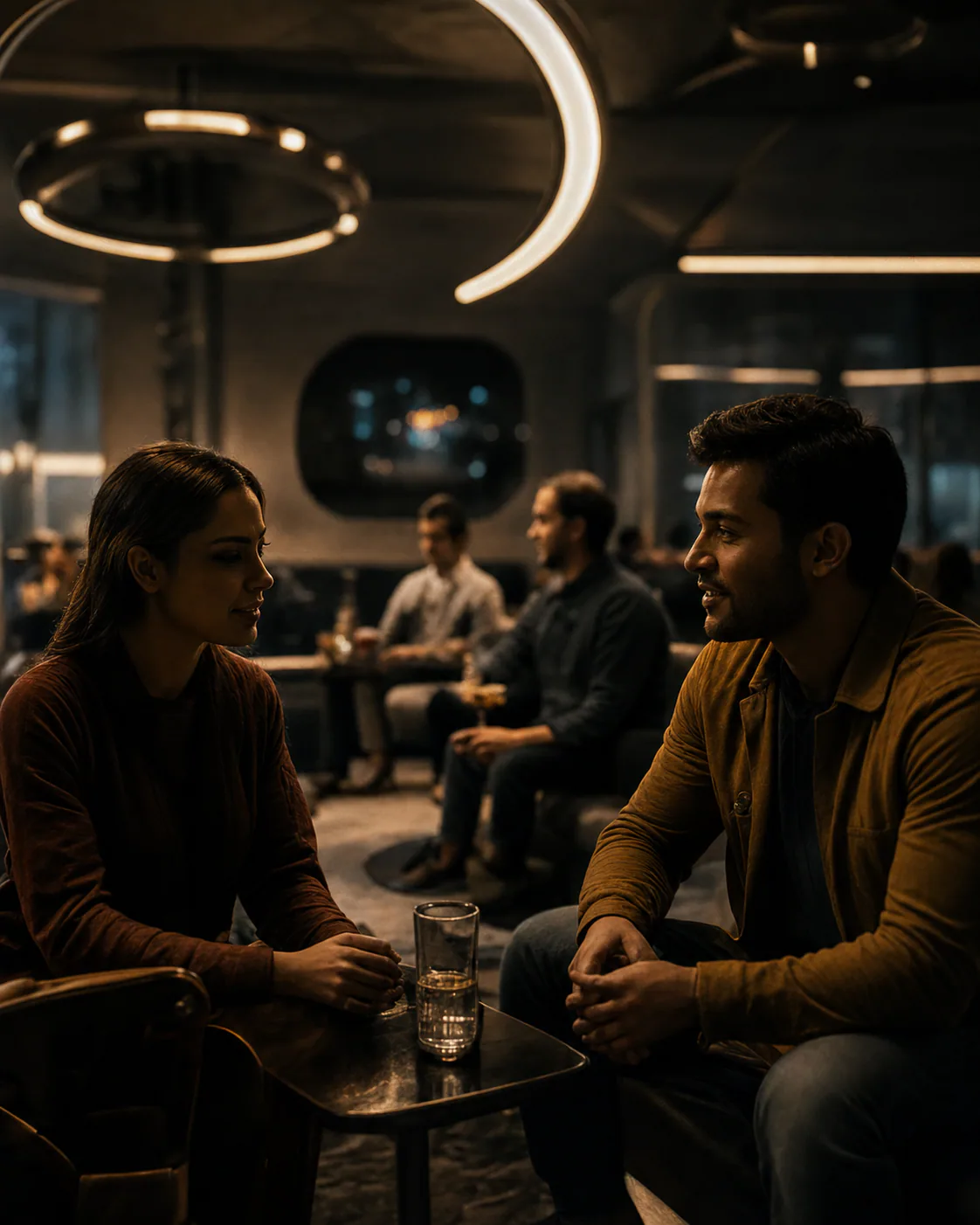 Two members talking in a softly lit club lounge
