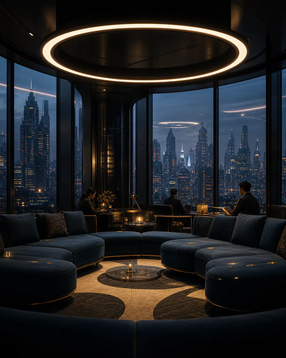 Circular lounge with low seating and a city view