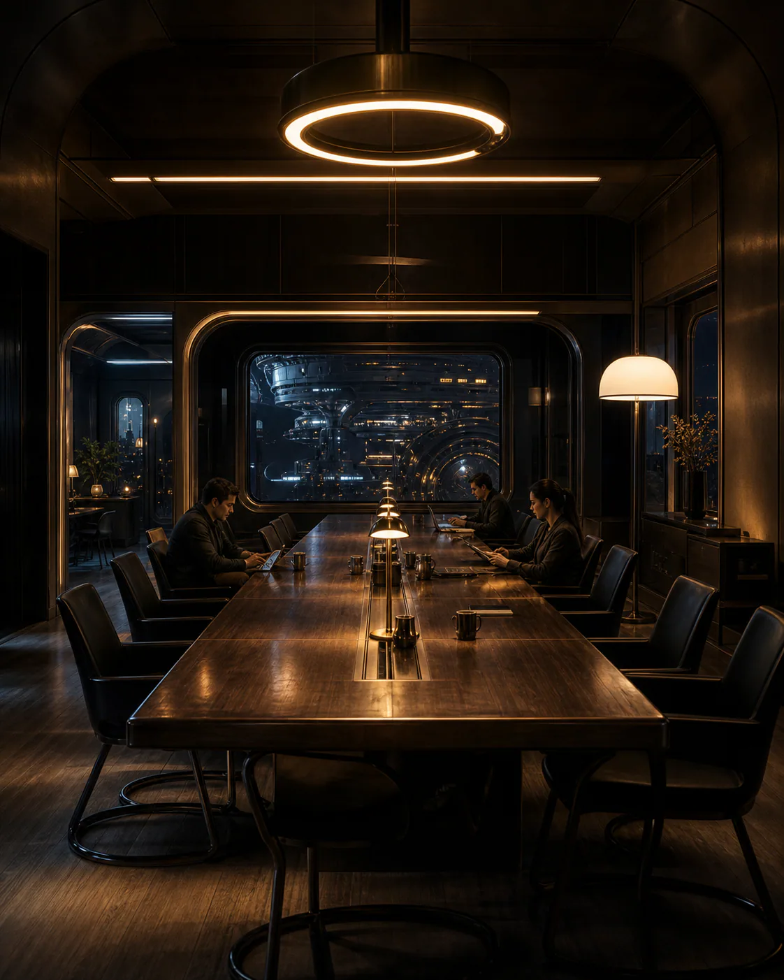 Meeting table inside a warm, glass-walled room