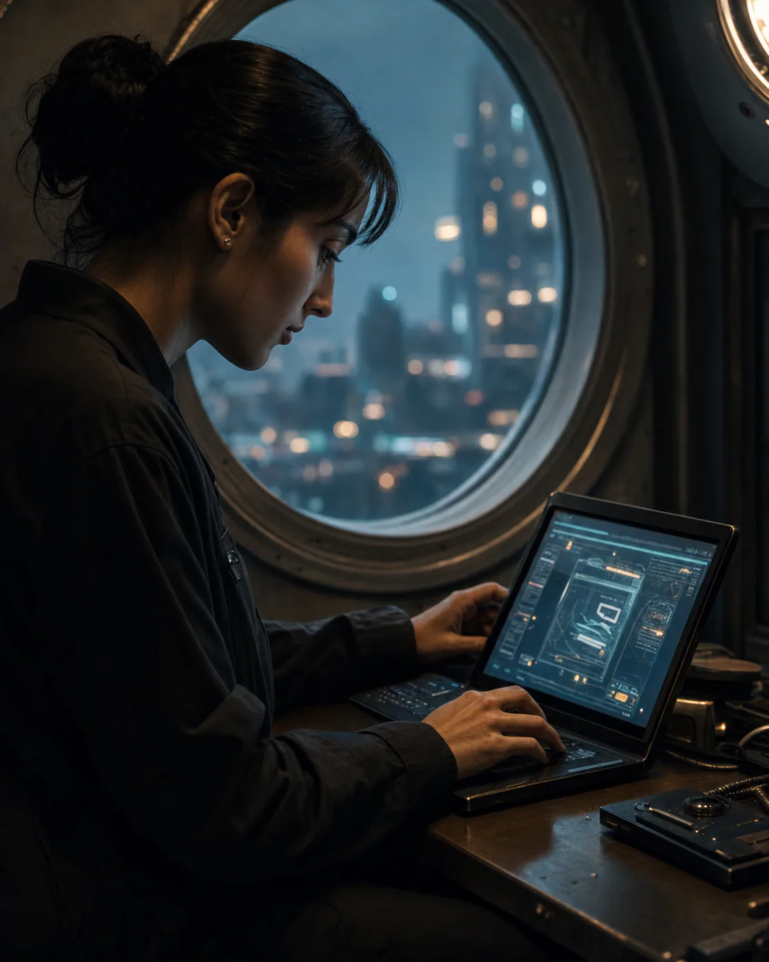 Member working at a console beside a round window