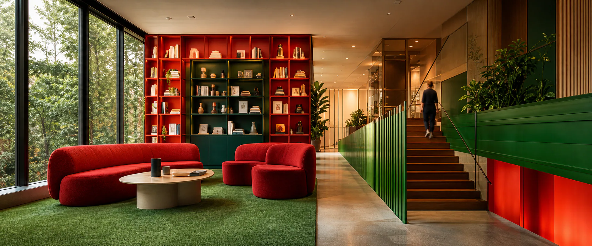 Red lounge chairs and green stair in the shared club lounge