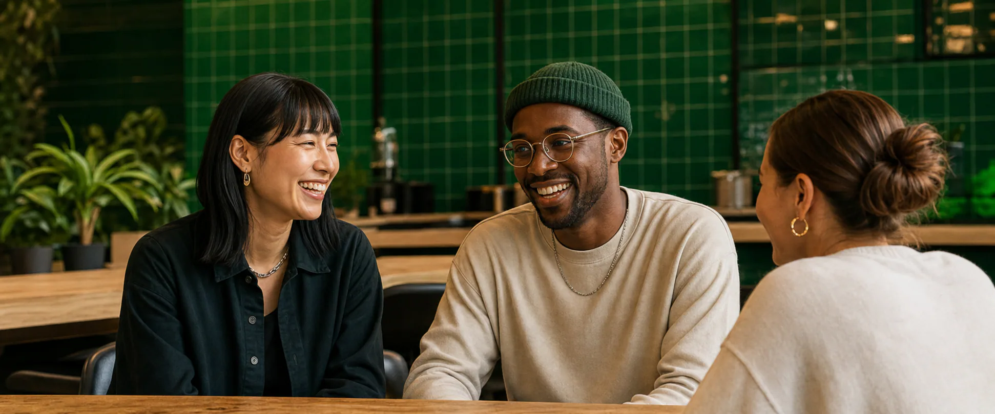 Three members sharing a laugh beside the green tiled bar