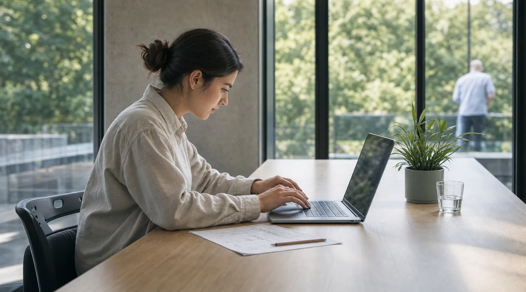 Member working beside a bright window