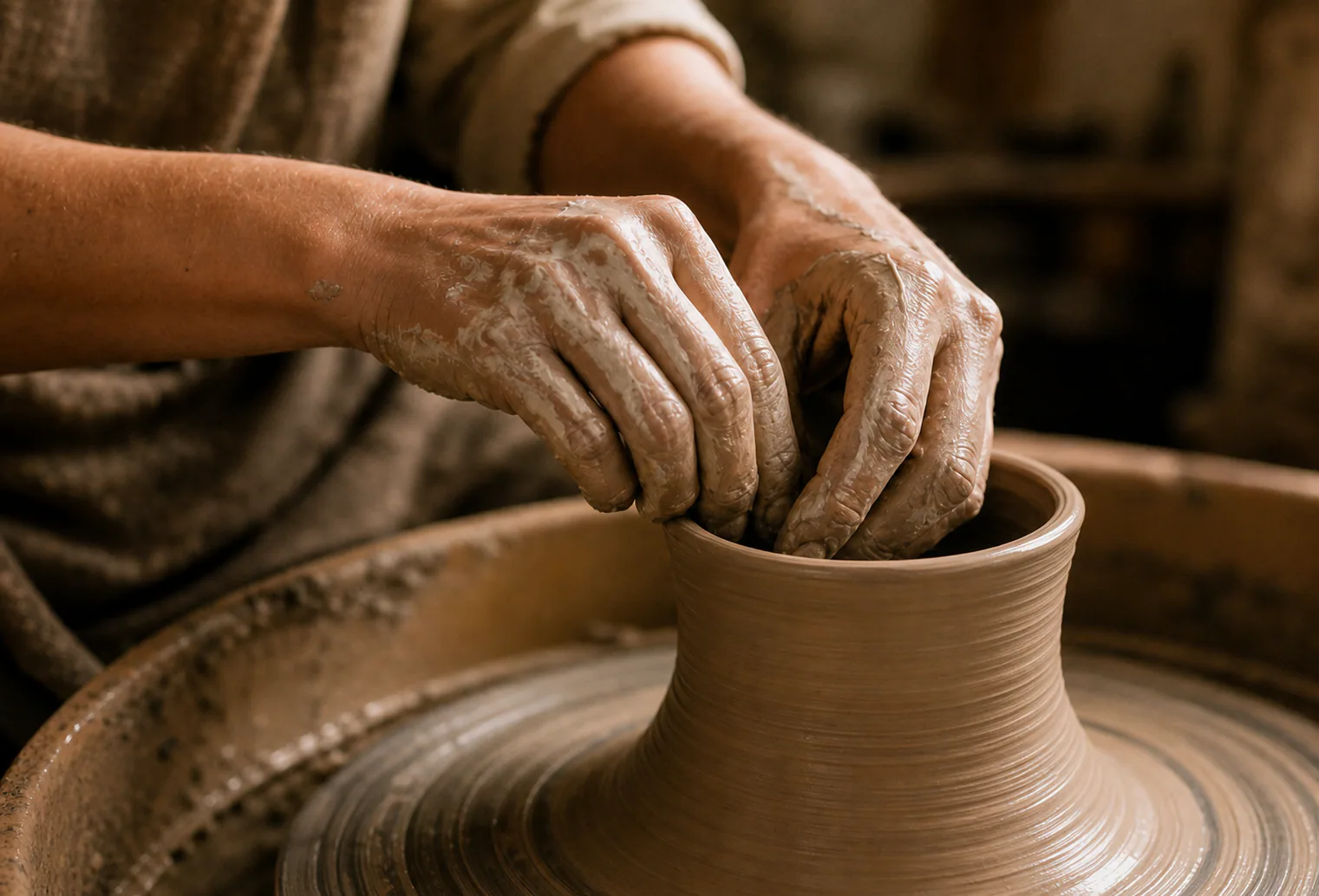 Ceramic artist shaping a vessel on a pottery wheel