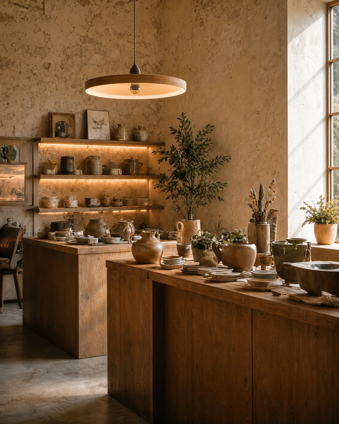 Pottery studio lined with handmade wares
