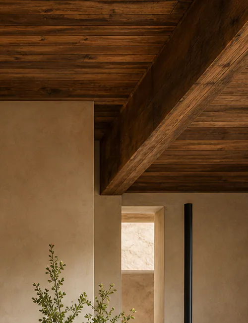 Close-up of pale timber grain and a carved edge
