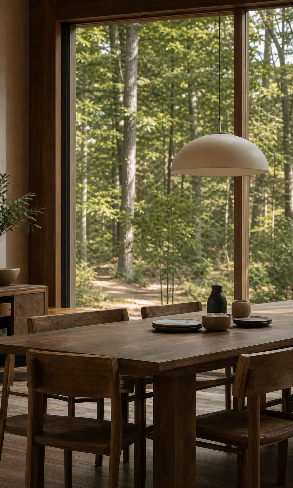 Warm studio interior with a long table and handmade objects