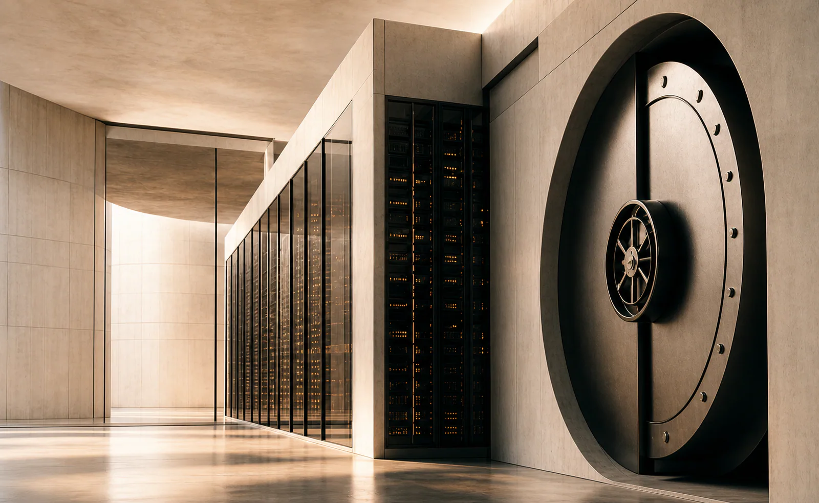 Warm-lit secure data hall with a circular vault door