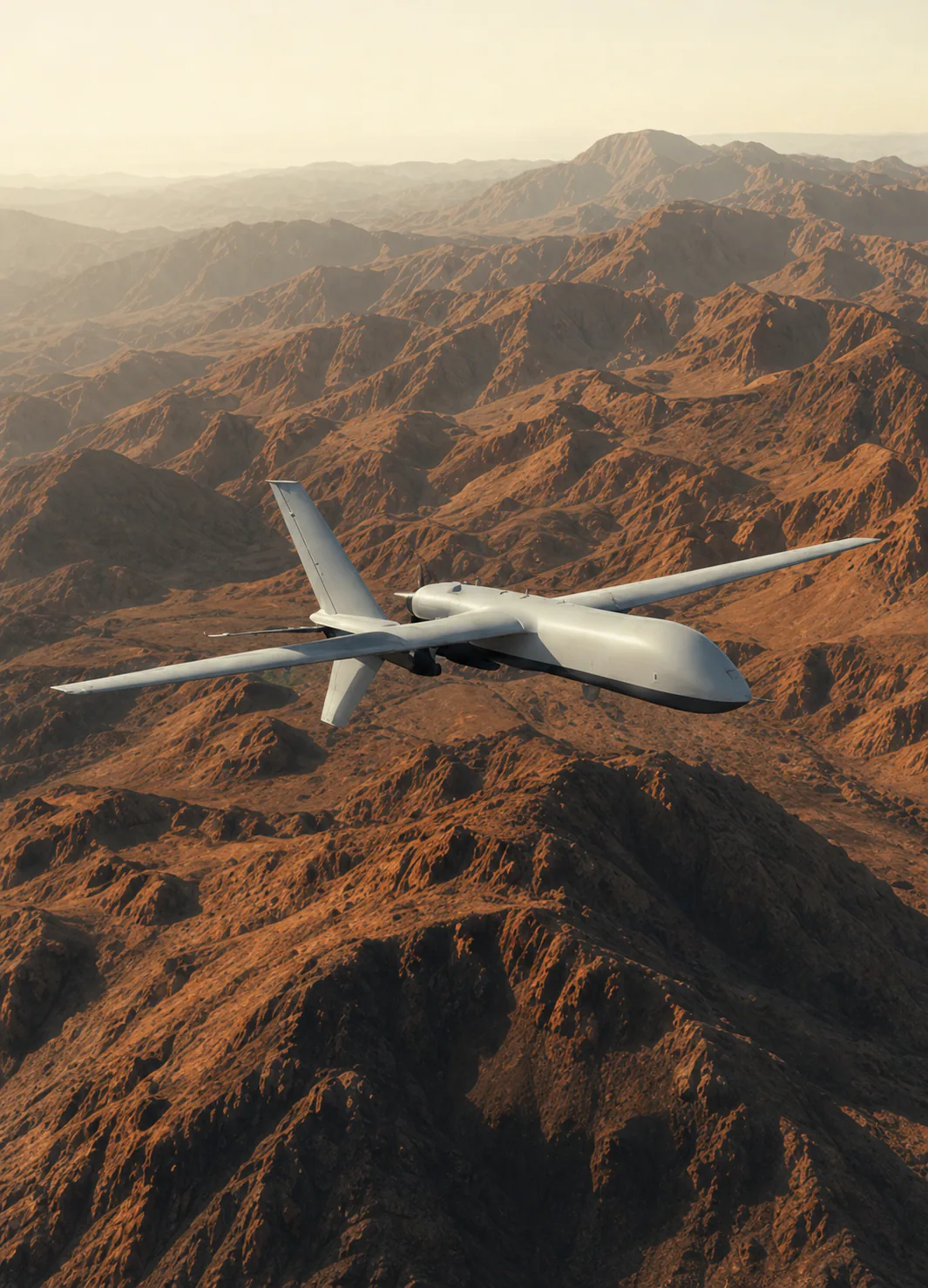 Uncrewed aircraft crossing a desert mountain corridor