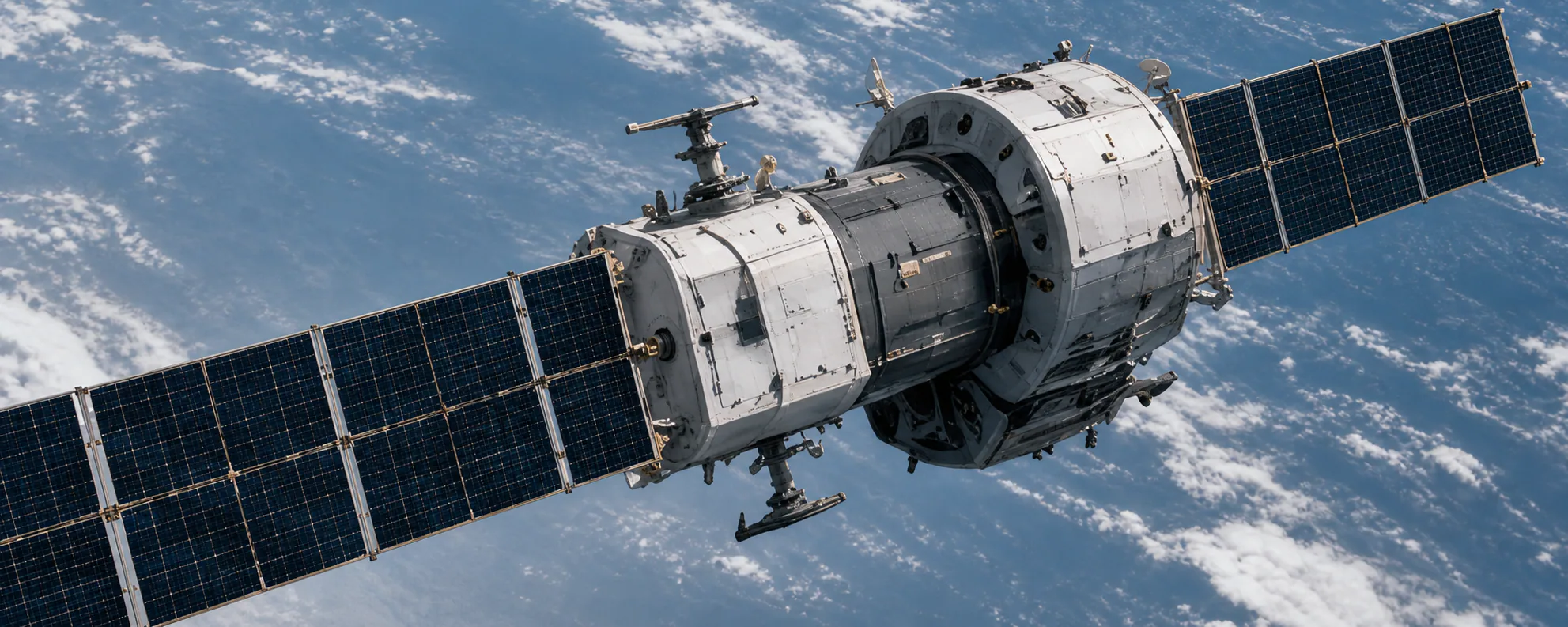 Communications satellite passing above Earth