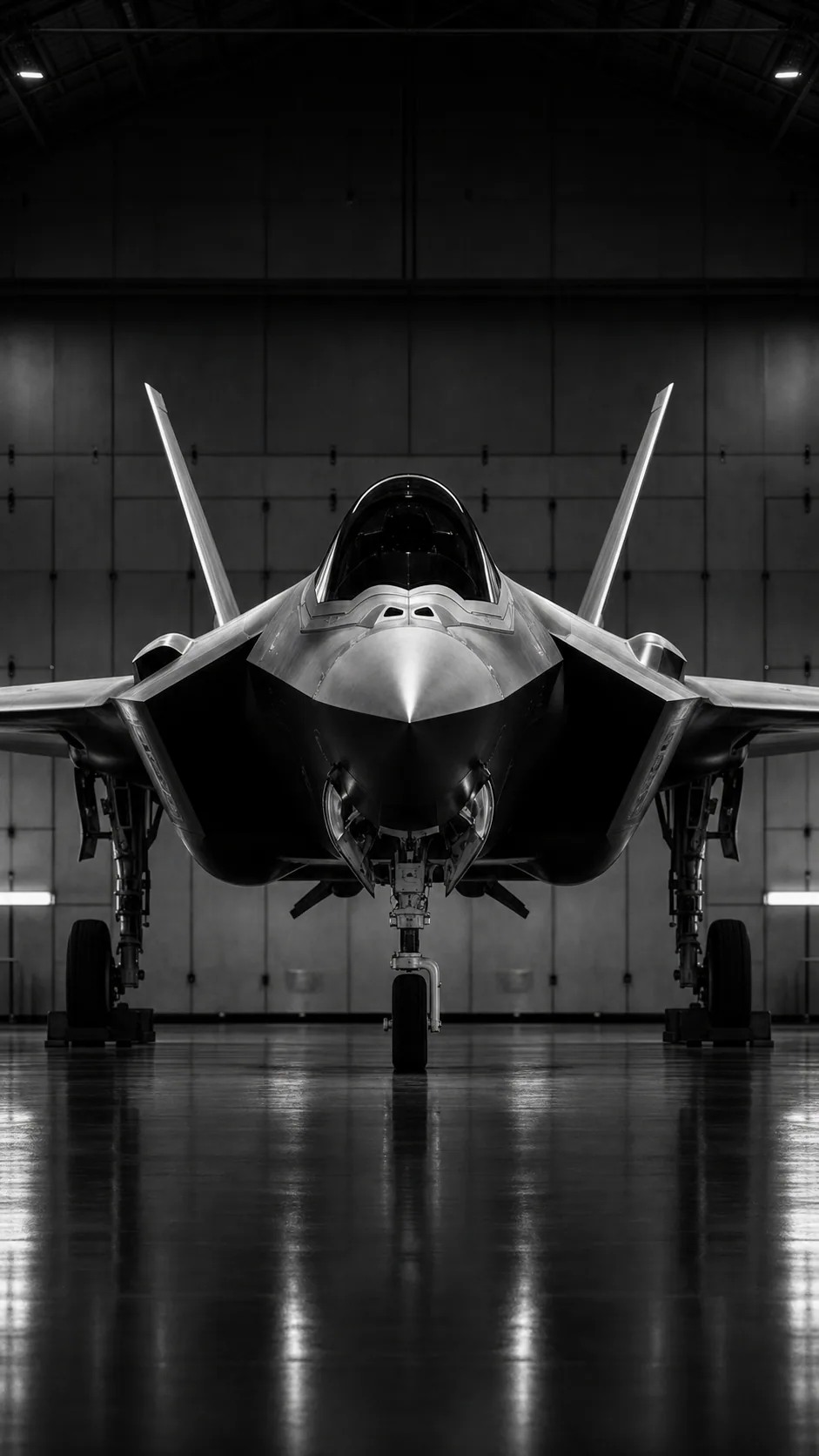 Stealth aircraft standing ready inside a hangar