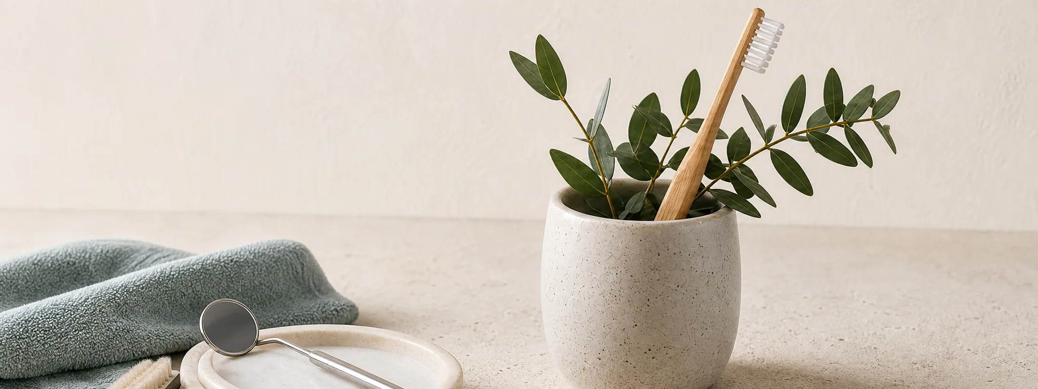 Natural oral care tools beside a small botanical branch