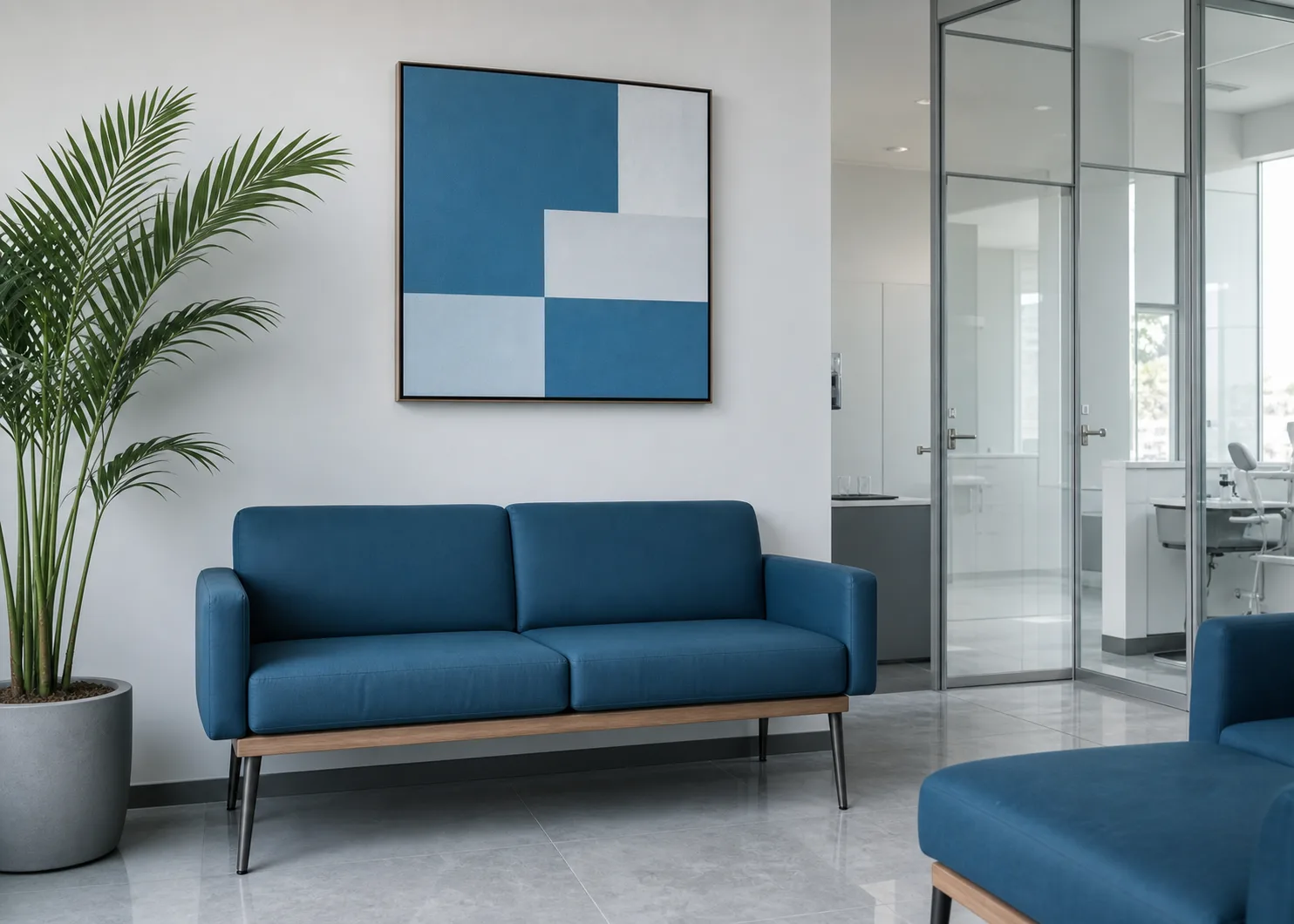 Calm patient lounge with warm seating