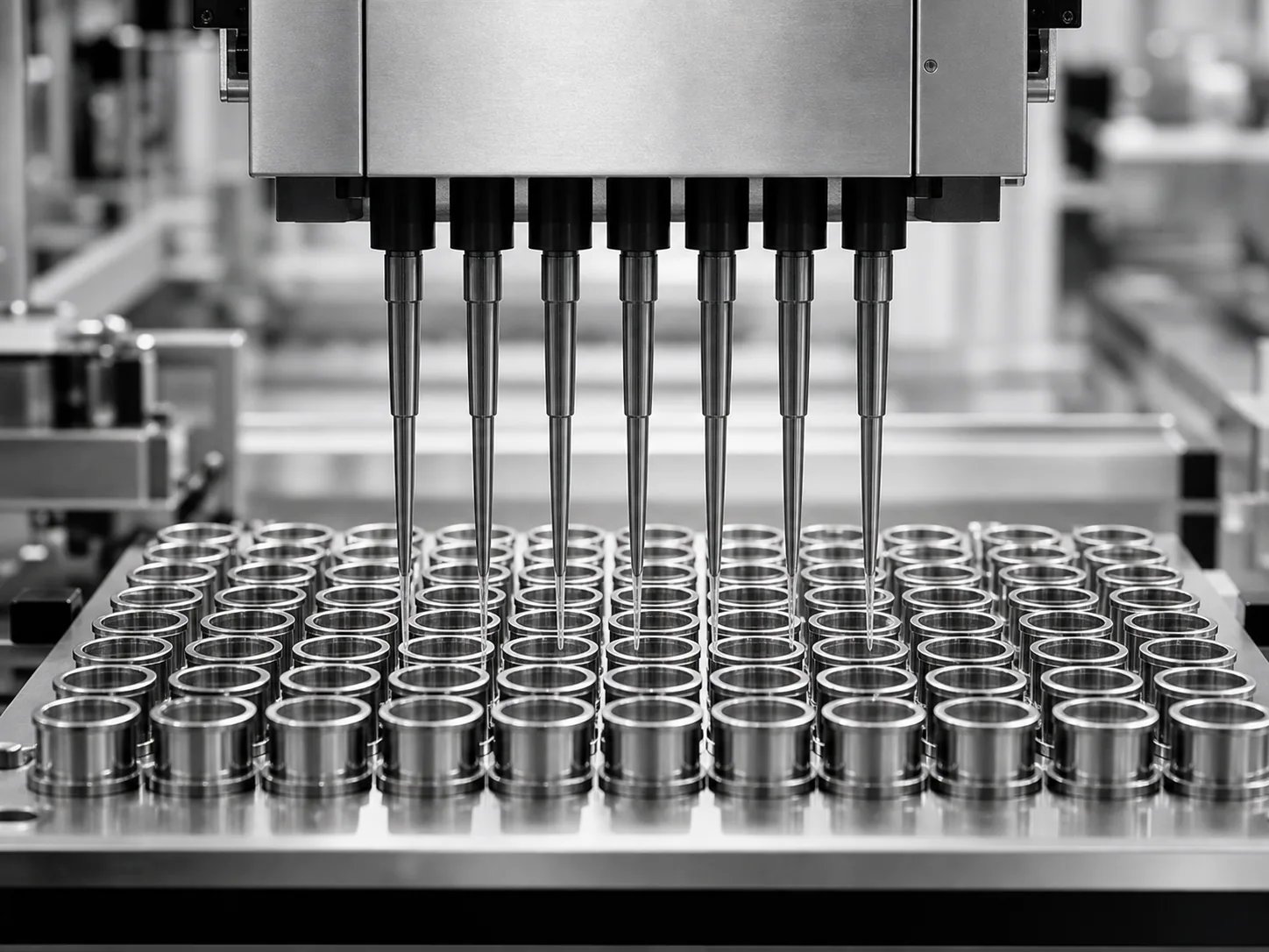 Automated laboratory pipettes dispensing samples into test tubes