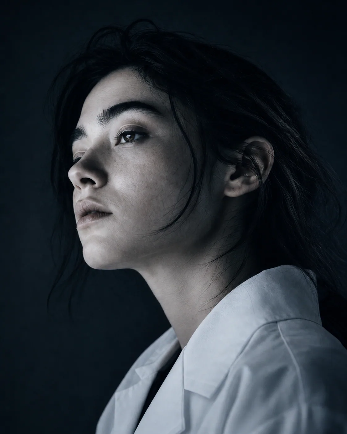 Patient looking toward a soft light in a clinical portrait