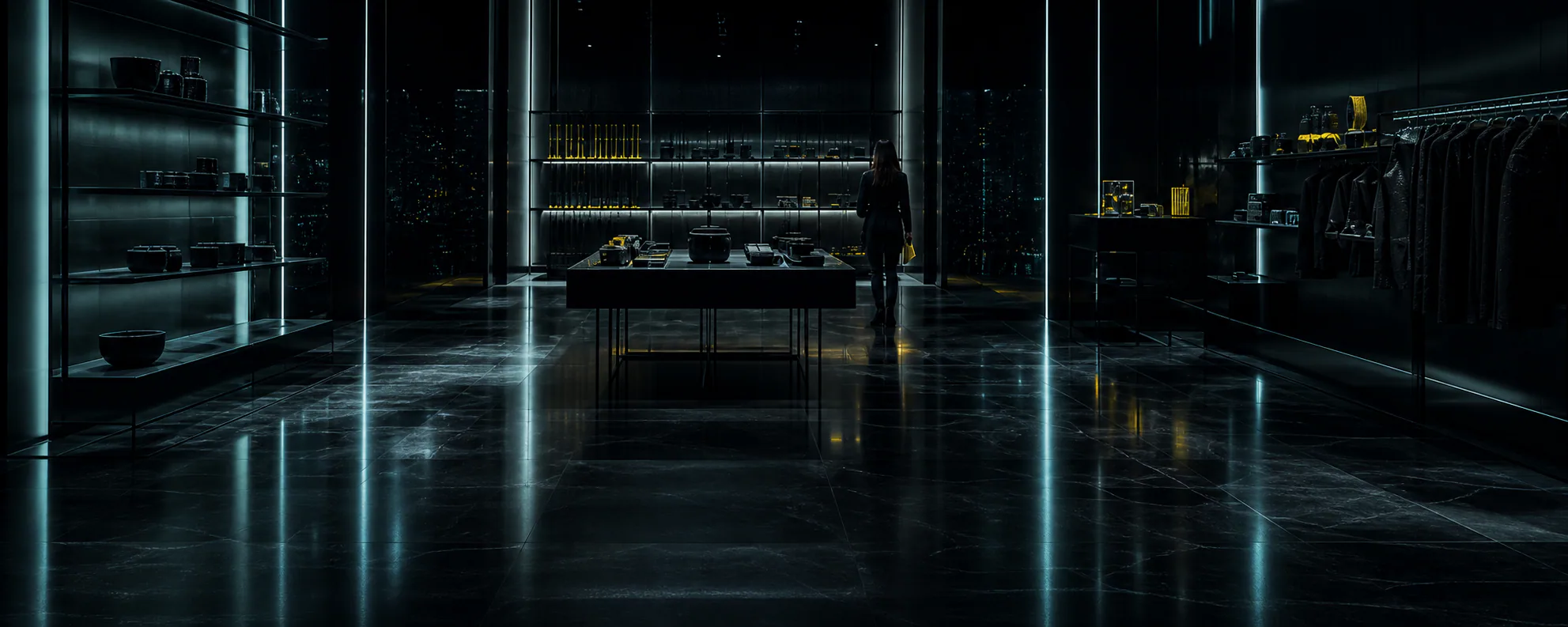 Dark retail gallery displaying objects on shelves and a central table