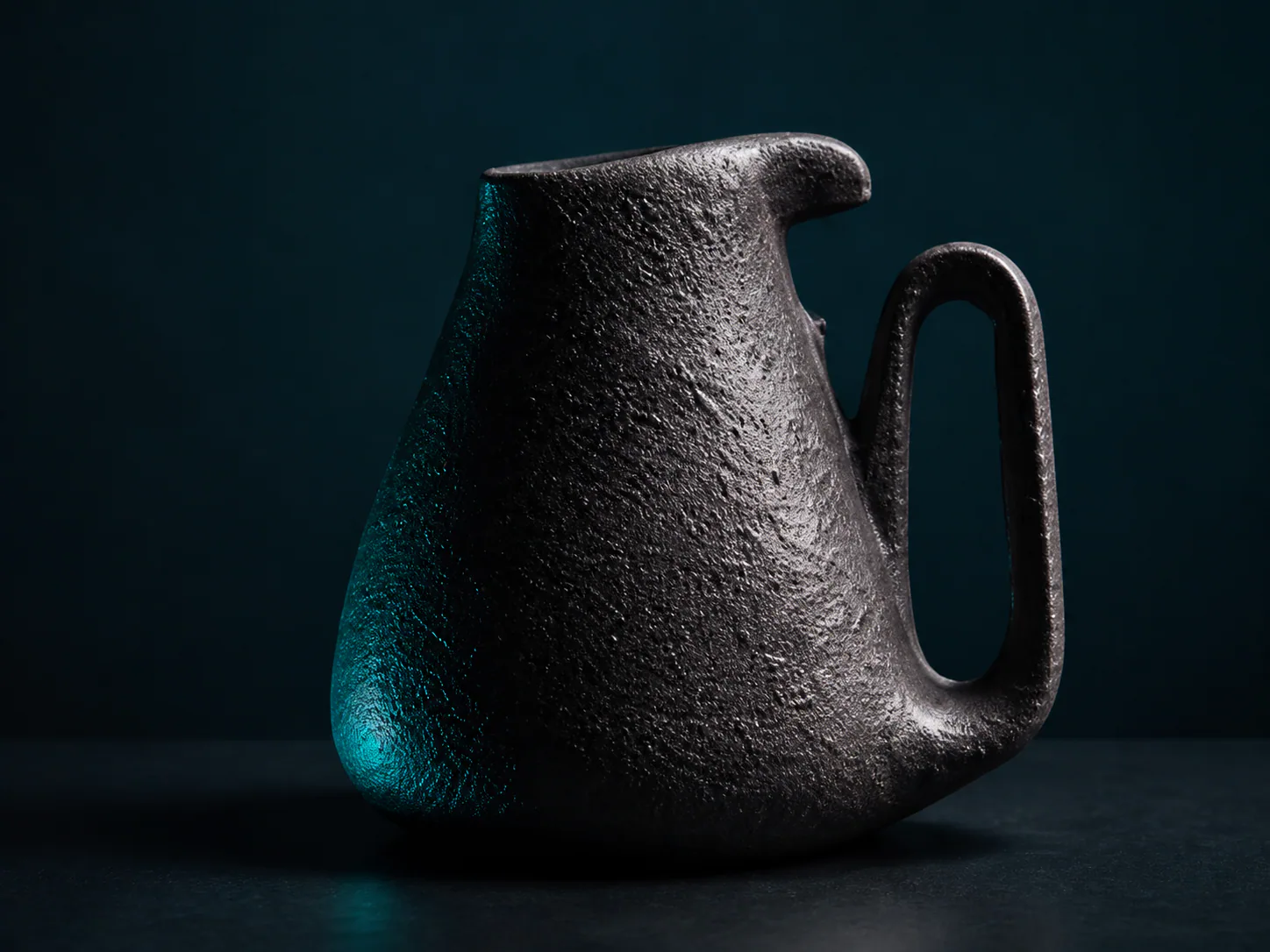 Dark sculptural pitcher with a curved handle