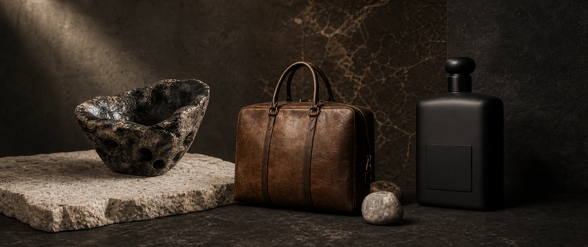 Black stone vessel and leather bag from the current object edit