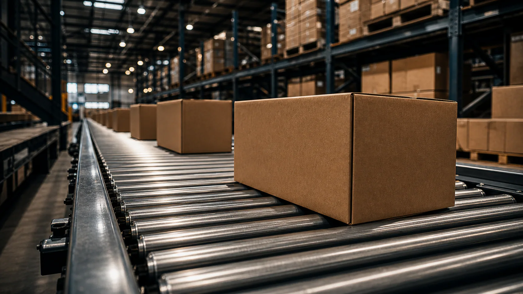 A sealed Private Collection parcel moving along a warehouse conveyor