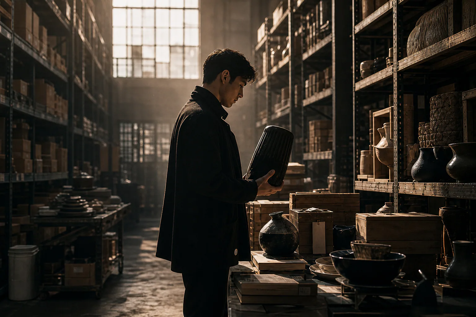 A collector examining a ceramic vessel inside a warm, crowded warehouse