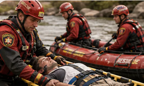 Rescue crew carrying a patient beside a river
