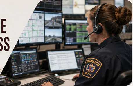 Dispatcher reviewing emergency information across multiple screens