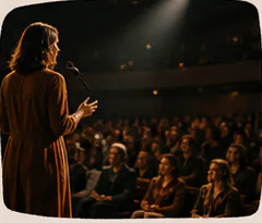Speaker standing in a pool of light before a seated audience