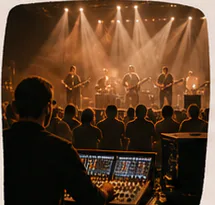 Live band performing on a lit stage from the sound desk