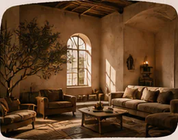 Sunlit lounge with arched windows, low sofas, and a central table