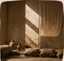 Quiet guest room with a linen curtain and afternoon light