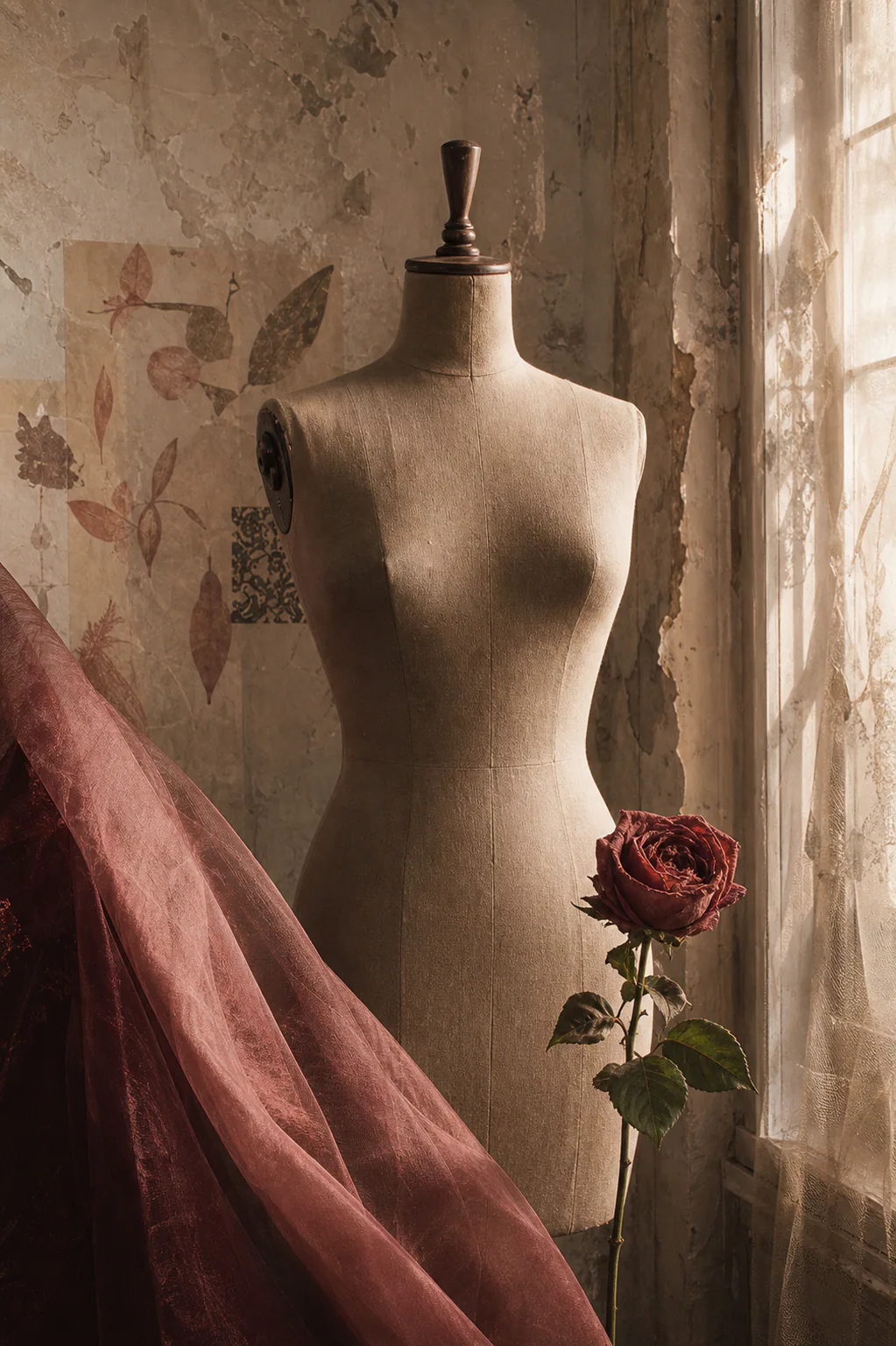 Dress form surrounded by fabric swatches in a rose-toned studio