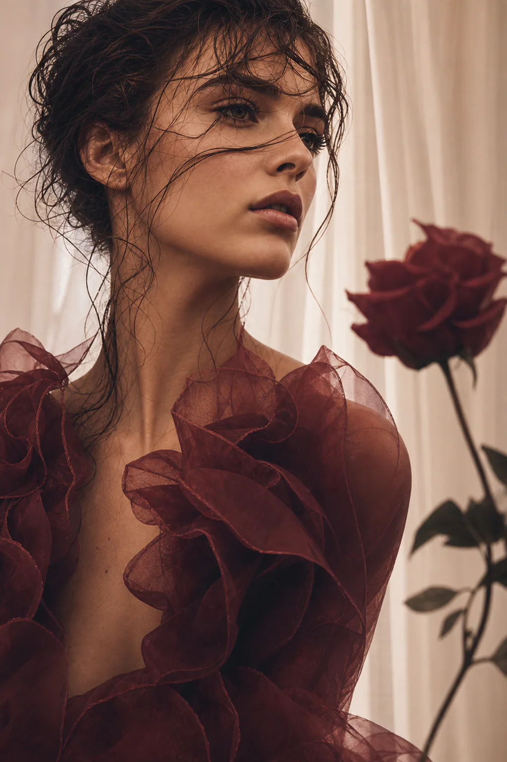 Model wearing a sheer rose dress beside a single red rose