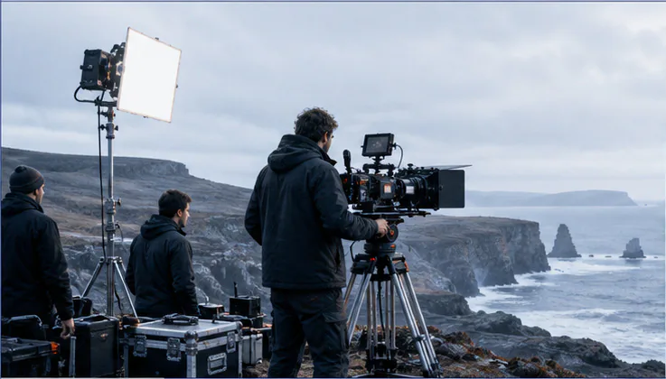 Film crew operating a cinema camera on a coast
