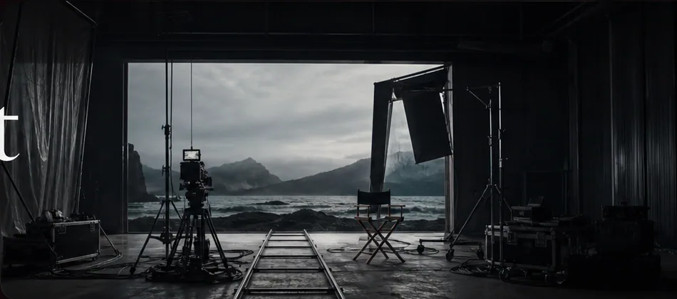 A film camera and director's chair facing a misty mountain landscape on a soundstage