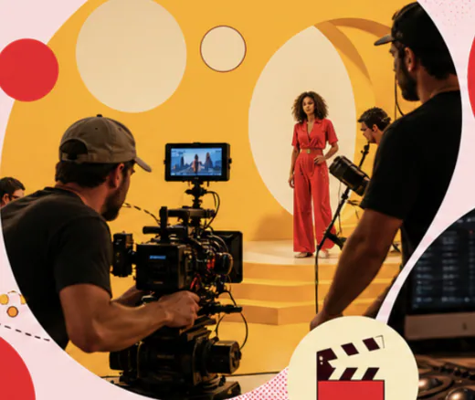 Film crew operating a camera on a vivid set